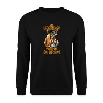 Lederhosenhirsch mit Bierkrug - Unisex Pullover - Schwarz - Vorne - Alina (178cm) & Michal (187cm)
