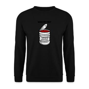 Was ist mit Tomaten passiert | Lustiger Spruch - Unisex Pullover - Schwarz - Vorne - Alina (178cm) & Michal (187cm)