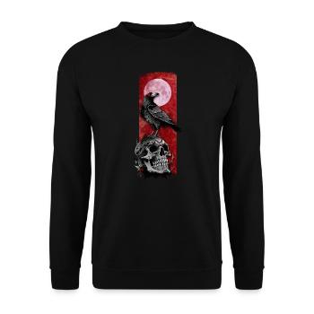 Nächtliches Omen: Rabe auf Totenkopf mit Mond - Unisex Pullover - Schwarz - Vorne - Alina (178cm) & Michal (187cm)