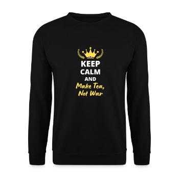 "Ruhe bewahren und Tee kochen, nicht Krieg" - Unisex Pullover - Schwarz - Vorne - Alina (178cm) & Michal (187cm)