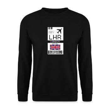 London, England Boarding Pass - LHR Airport Ticket - Unisex Sweatshirt - black - Front - Alina (178cm) & Michal (187cm)