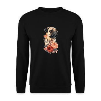Mops mit Blumen - Unisex Pullover - Schwarz - Vorne - Alina (178cm) & Michal (187cm)