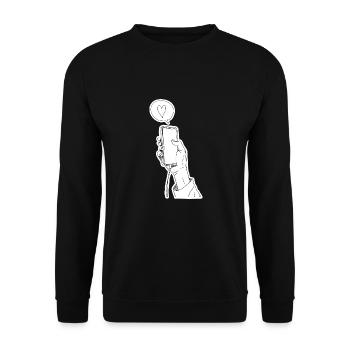 Hand hält Handy Smartphone mit Herz - Unisex Pullover - Schwarz - Vorne - Alina (178cm) & Michal (187cm)