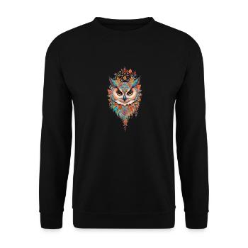 Eule mit Schmetterlingen - Unisex Pullover - Schwarz - Vorne - Alina (178cm) & Michal (187cm)