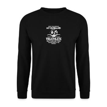 Triathlon Frau Triathletin Geschenk · Mein Ehemann - Unisex Pullover - Schwarz - Vorne - Alina (178cm) & Michal (187cm)