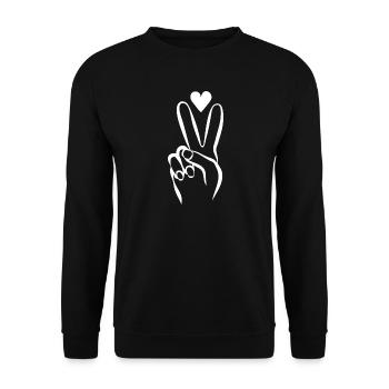 Hand mit Peace-Zeichen und Herz - Unisex Pullover - Schwarz - Vorne - Alina (178cm) & Michal (187cm)