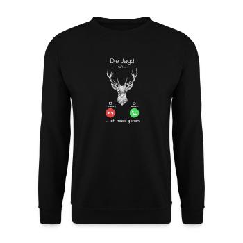 Geschenk Anruf Jagd Hirsch ruft - Unisex Pullover - Schwarz - Vorne - Alina (178cm) & Michal (187cm)