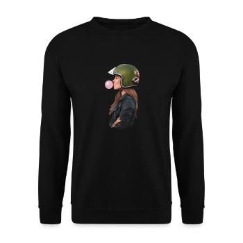 Coole Motorradfahrerin Bikerin kaut Kaugummi - Unisex Pullover - Schwarz - Vorne - Alina (178cm) & Michal (187cm)