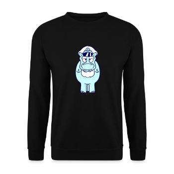 Lustiges Nilpferd Kapitän steht Süß Cartoon Comic - Unisex Pullover - Schwarz - Vorne - Alina (178cm) & Michal (187cm)