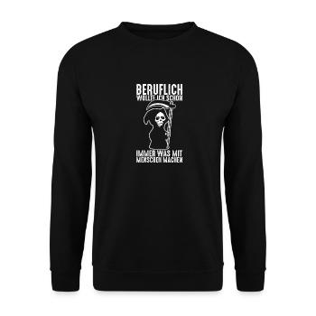 Lustiger Bestatter Spruch Bestattung Arzt Geschenk - Unisex Pullover - Schwarz - Vorne - Alina (178cm) & Michal (187cm)
