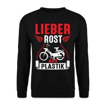 Lieber Rost als Plastik Zweitakt Roller Mofa Moped - Unisex Pullover - Schwarz - Vorne - Alina (178cm) & Michal (187cm)