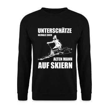 Unterschätze Niemals Einen Alten Mann auf Skiern - Unisex Pullover - Schwarz - Vorne - Alina (178cm) & Michal (187cm)