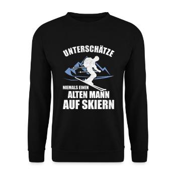 Unterschätze Niemals Einen Alten Mann auf Skiern - Unisex Pullover - Schwarz - Vorne - Alina (178cm) & Michal (187cm)