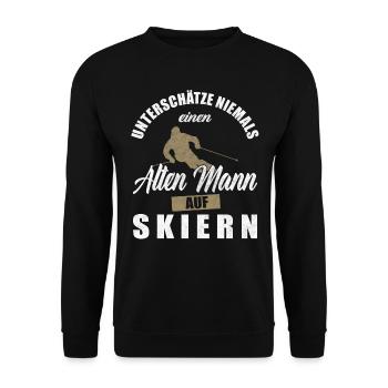 Unterschätze Niemals Einen Alten Mann Auf Skiern - Unisex Pullover - Schwarz - Vorne - Alina (178cm) & Michal (187cm)