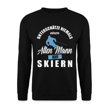 Unterschätze Niemals Einen Alten Mann Auf Skiern - Unisex Pullover - Schwarz - Vorne - Alina (178cm) & Michal (187cm)