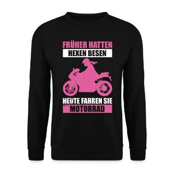 Früher Hatten Hexen Besen Heute Fahren Motorrad - Unisex Pullover - Schwarz - Vorne - Alina (178cm) & Michal (187cm)