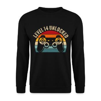 14.Geburtstag - 14 Jahre Gamer Level 14 unlocked - Unisex Pullover - Schwarz - Vorne - Alina (178cm) & Michal (187cm)