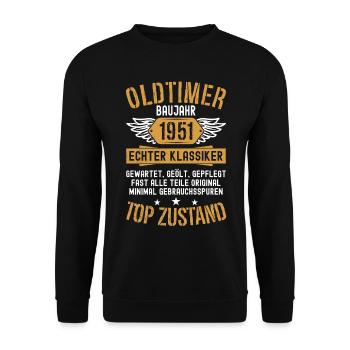 Oldtimer Baujahr 1951 Geboren Jahrgang Geburtstag - Unisex Pullover - Schwarz - Vorne - Alina (178cm) & Michal (187cm)