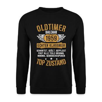Oldtimer Baujahr 1959 Geboren Jahrgang Geburtstag - Unisex Pullover - Schwarz - Vorne - Alina (178cm) & Michal (187cm)