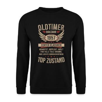 Oldtimer Baujahr 1957 Geboren Jahrgang Geburtstag - Unisex Pullover - Schwarz - Vorne - Alina (178cm) & Michal (187cm)