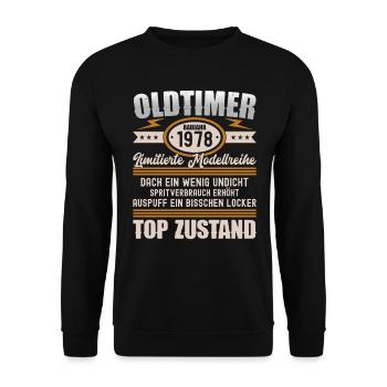 Oldtimer Baujahr 1978 Geboren Jahrgang Geburtstag - Unisex Pullover - Schwarz - Vorne - Alina (178cm) & Michal (187cm)