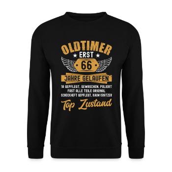 66 Geburtstag Oldtimer Geburtstag 1956 Baujahr - Unisex Pullover - Schwarz - Vorne - Alina (178cm) & Michal (187cm)