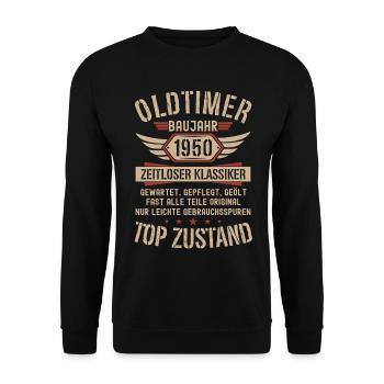 Oldtimer Baujahr 1950 Geboren Jahrgang Geburtstag - Unisex Pullover - Schwarz - Vorne - Alina (178cm) & Michal (187cm)