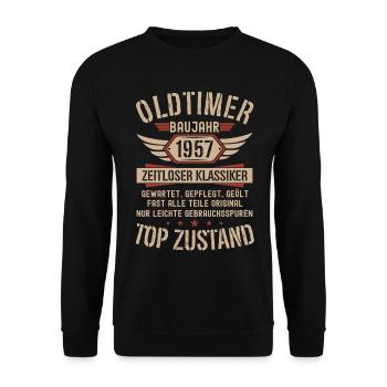 Oldtimer Baujahr 1957 Geboren Jahrgang Geburtstag - Unisex Pullover - Schwarz - Vorne - Alina (178cm) & Michal (187cm)