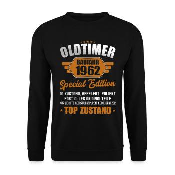 Oldtimer Baujahr 1962 Geboren Jahrgang Geburtstag - Unisex Pullover - Schwarz - Vorne - Alina (178cm) & Michal (187cm)