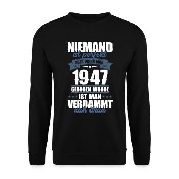 75 Geburtstag Mann Frau Jahrgang 1947 Geboren - Unisex Pullover - Schwarz - Vorne - Alina (178cm) & Michal (187cm)