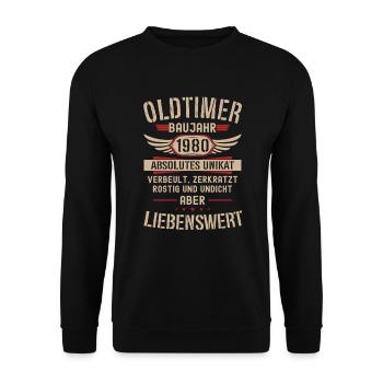 44. Geburtstag 44 Jahre Oldtimer Geschenk 1980 - Unisex Pullover - Schwarz - Vorne - Alina (178cm) & Michal (187cm)