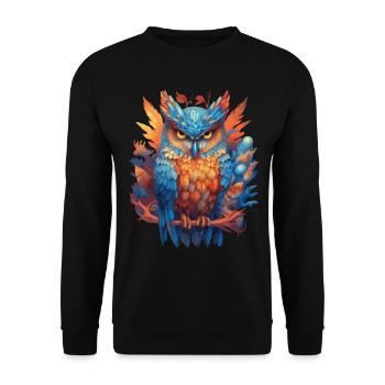 Eule Vogel Natur Blumen Mystisch Bunt Kunst Motiv - Unisex Pullover - Schwarz - Vorne - Alina (178cm) & Michal (187cm)