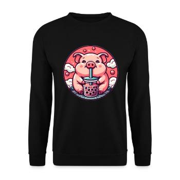 Schwein genießt Bubble Tea - Unisex Pullover - Schwarz - Vorne - Alina (178cm) & Michal (187cm)