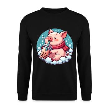 Schwein genießt Bubble Tea - Unisex Pullover - Schwarz - Vorne - Alina (178cm) & Michal (187cm)