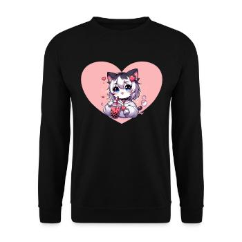 Anime-Katze genießt Bubble Tea - Unisex Pullover - Schwarz - Vorne - Alina (178cm) & Michal (187cm)