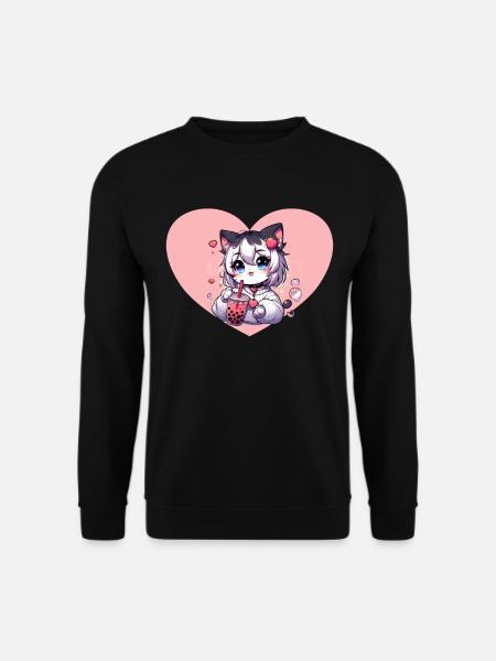 Anime Cat Enjoys Bubble Tea - Unisex Sweatshirt - black