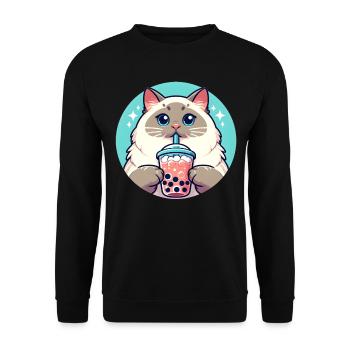Siamesische Katze beim Bubble Tea - Unisex Pullover - Schwarz - Vorne - Alina (178cm) & Michal (187cm)