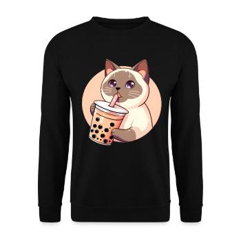 Siamesische Katze beim Bubble Tea - Unisex Pullover - Schwarz - Vorne - Alina (178cm) & Michal (187cm)