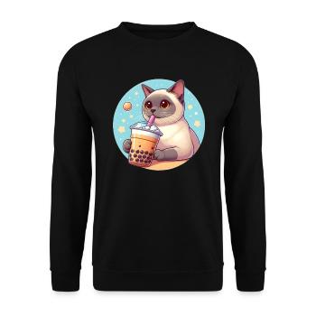 Siamesische Katze beim Bubble Tea - Unisex Pullover - Schwarz - Vorne - Alina (178cm) & Michal (187cm)