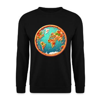 Weltkarte auf Pizza - Unisex Pullover - Schwarz - Vorne - Alina (178cm) & Michal (187cm)