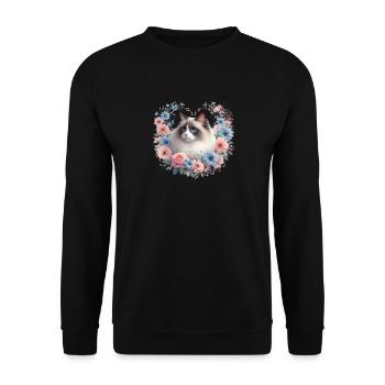 Ragdoll Katze mit Blumenhintergrund - Unisex Pullover - Schwarz - Vorne - Alina (178cm) & Michal (187cm)