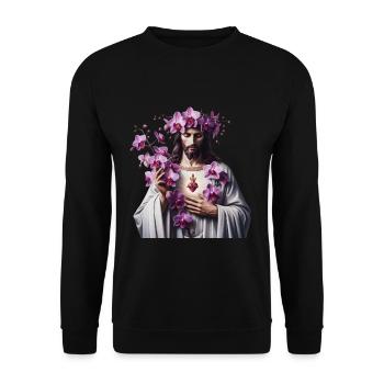Jesus mit lila Orchideen - Unisex Pullover - Schwarz - Vorne - Alina (178cm) & Michal (187cm)
