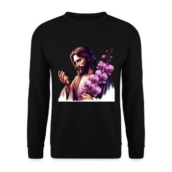 Jesus mit lila Orchideen - Unisex Pullover - Schwarz - Vorne - Alina (178cm) & Michal (187cm)