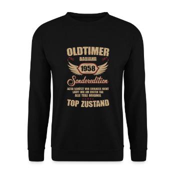66. Geburtstag 66 Jahre Oldtimer Geschenk 1958 - Unisex Pullover - Schwarz - Vorne - Alina (178cm) & Michal (187cm)
