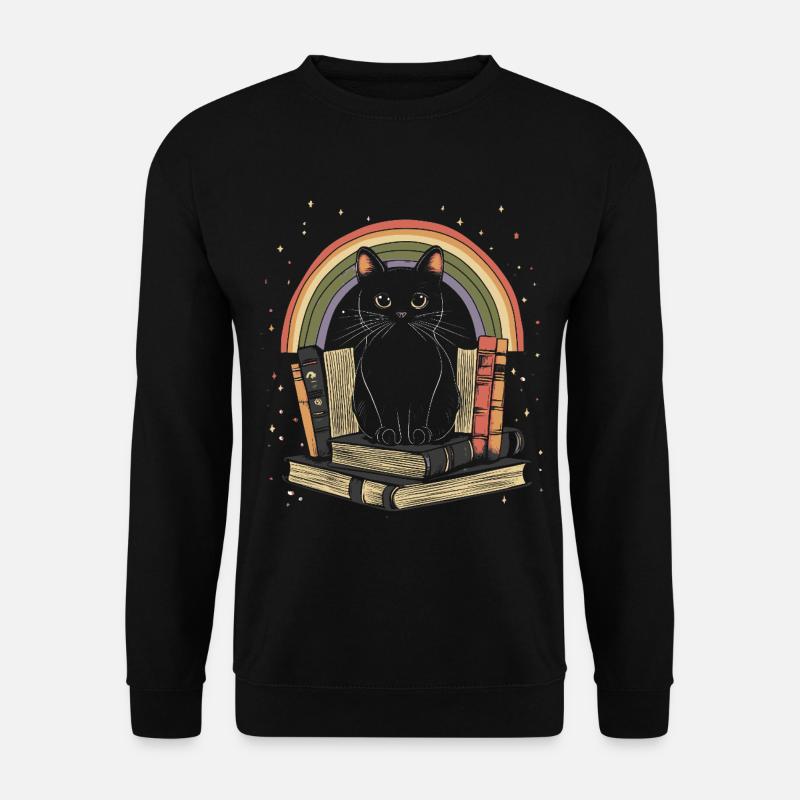 schwarze Katze sitzt auf Bücher - Unisex Pullover - Schwarz