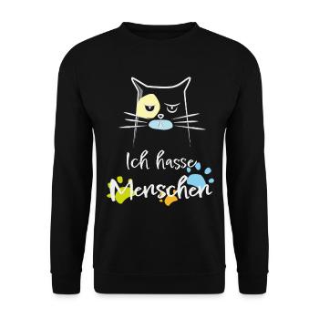 Ich hasse Menschen! Katze, Miesepeter - Unisex Pullover - Schwarz - Vorne - Alina (178cm) & Michal (187cm)