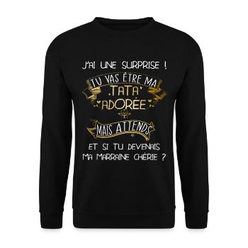Tu es ma tata adorée et ma marraine chérie annonce - Sweat-shirt Unisexe - noir - Devant - Alina (178cm) & Michal (187cm)