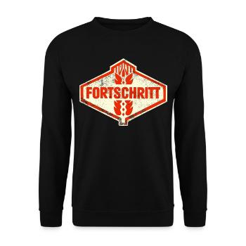 DDR FORTSCHRITT Retro Logo Ostalgie LPG - Unisex Pullover - Schwarz - Vorne - Alina (178cm) & Michal (187cm)