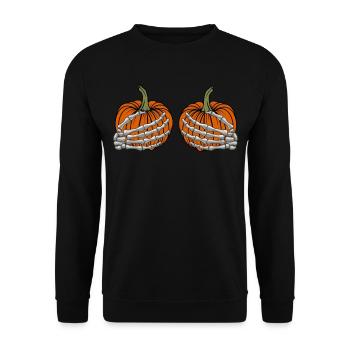 Halloween Skelett Kürbis Brüste - Unisex Pullover - Schwarz - Vorne - Alina (178cm) & Michal (187cm)