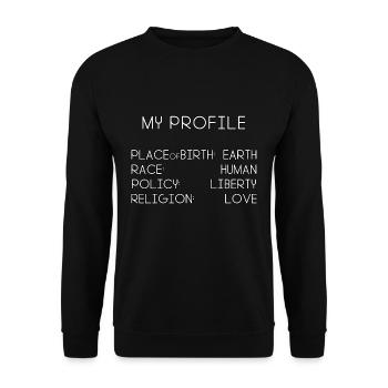 Mein Profil: Erde, Mensch, Freiheit & Liebe - Unisex Pullover - Schwarz - Vorne - Alina (178cm) & Michal (187cm)